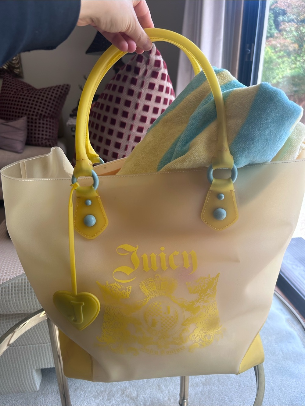 Vintage Juicy Couture Yellow and Blue Plastic Beach Bag With Matching Towel